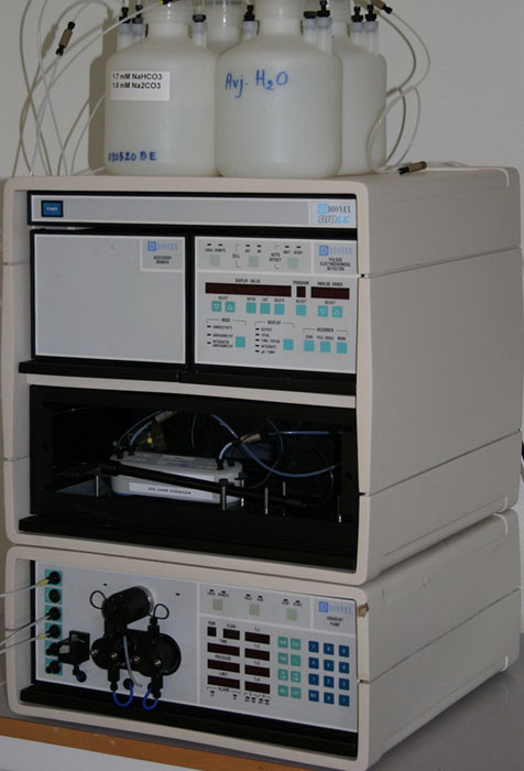 Dionex Bio-LC ion chromatograph including inert gradient pump, conductivity detector with flow cell and suppressor system.